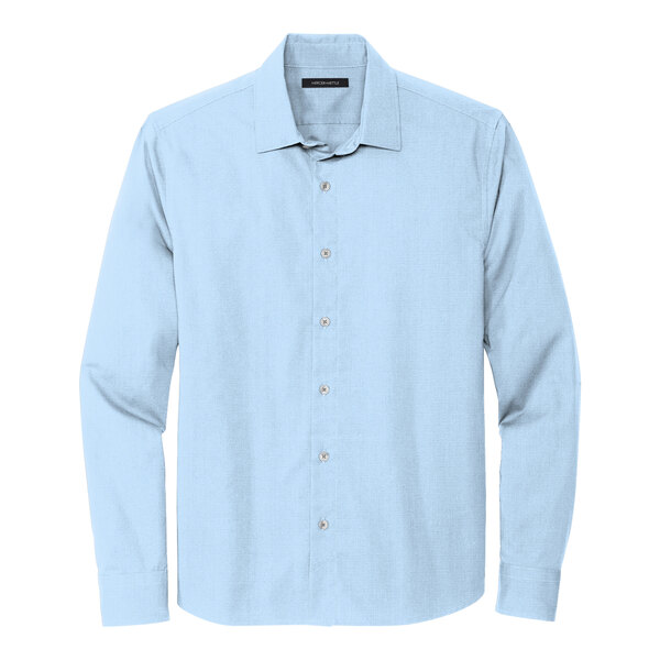 A Mercer+Mettle unisex light blue long sleeve stretch dress shirt.