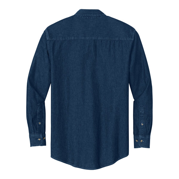 A Port & Company unisex short sleeve denim button-down shirt in dark blue.
