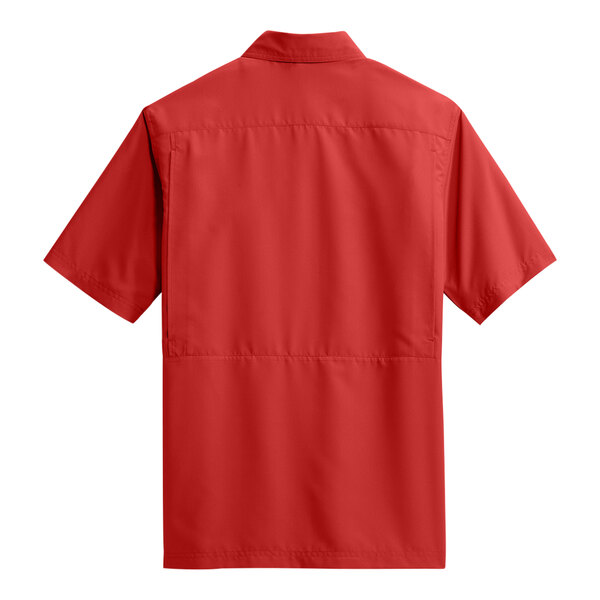 A Port Authority rich red short sleeve moisture wicking shirt.