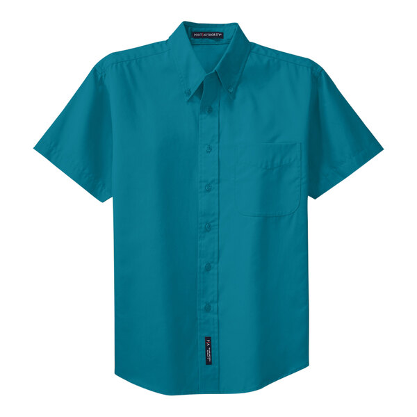 A teal green Port Authority short sleeve button-up dress shirt with a button-up front.
