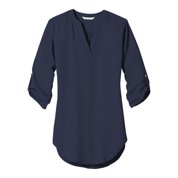 A navy Port Authority women's short sleeve blouse.