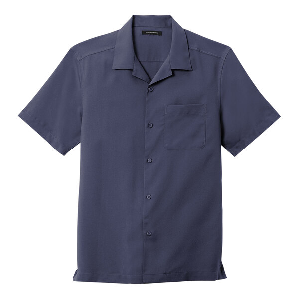 A Port Authority unisex short sleeve staff shirt in true navy blue with a pocket and a button.