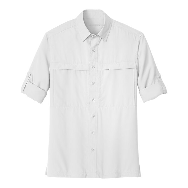 A Port Authority white long sleeve shirt for men with rolled up sleeves.