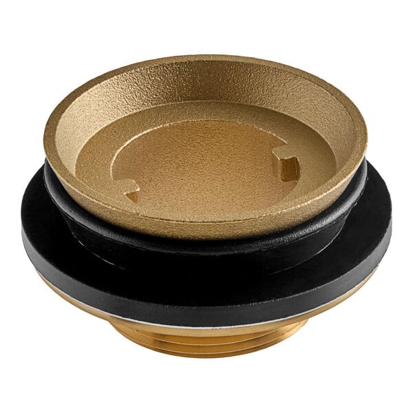 A gold and black metal Dearborn closet spud washer.