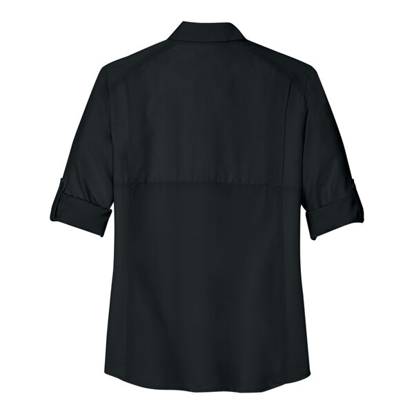 A Port Authority deep black short sleeve shirt for ladies.