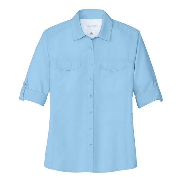 A light blue Port Authority short sleeve shirt.