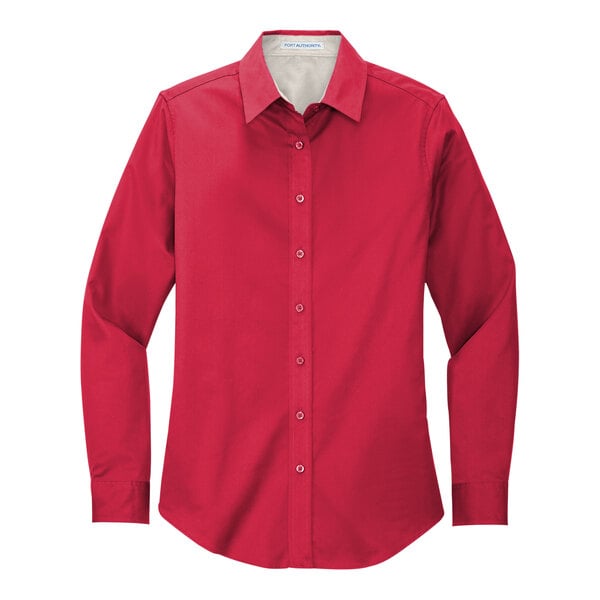 A red Port Authority women's long sleeve poplin dress shirt.