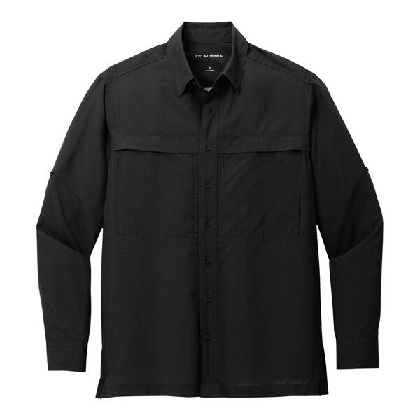 A black Port Authority long sleeve shirt with pockets.