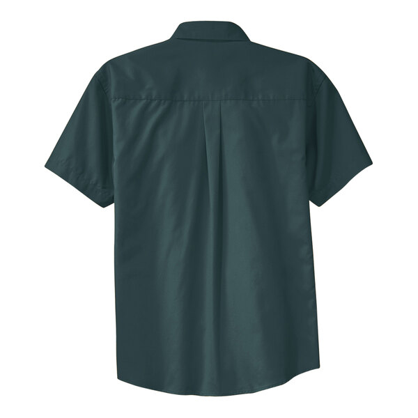 A back view of a Port Authority dark green and navy unisex short sleeved dress shirt.