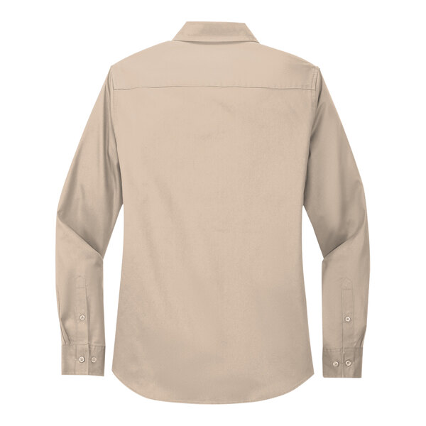 A close-up of a long-sleeved Port Authority stone dress shirt.