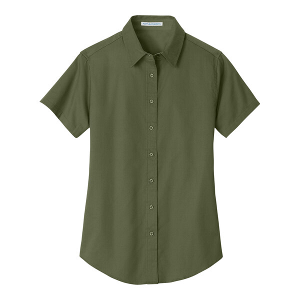 A close-up of a Port Authority women's clover green short sleeve shirt.