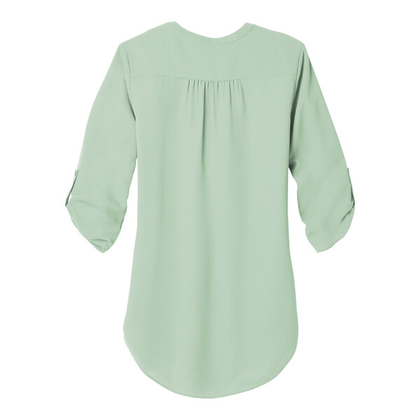 A back view of a women's Misty Sage short sleeve blouse.