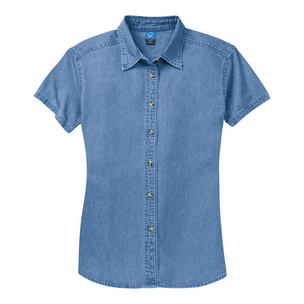 A Port & Company faded blue short sleeve denim button-down shirt for women.