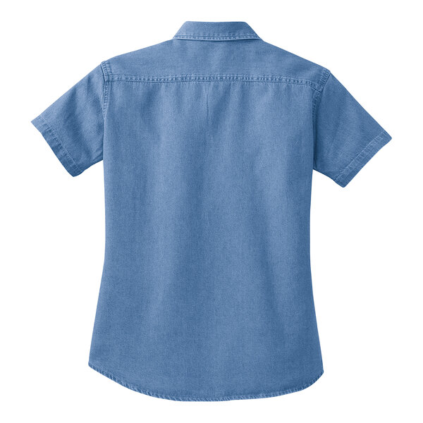 A Port & Company women's faded blue short sleeve denim button-down shirt.