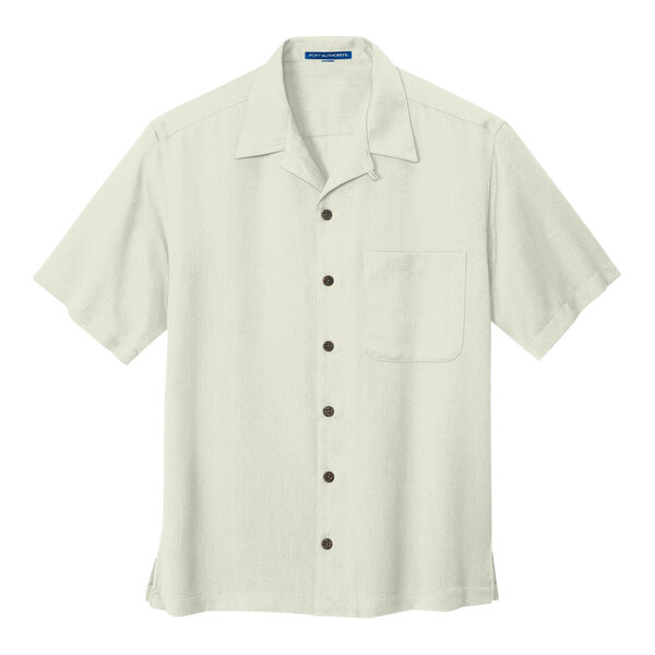 A Port Authority ivory short sleeve camp shirt with a buttoned collar and two buttons.