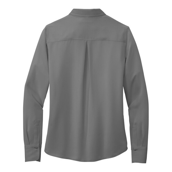 A Brooks Brothers shadow gray long sleeve full-button satin blouse.