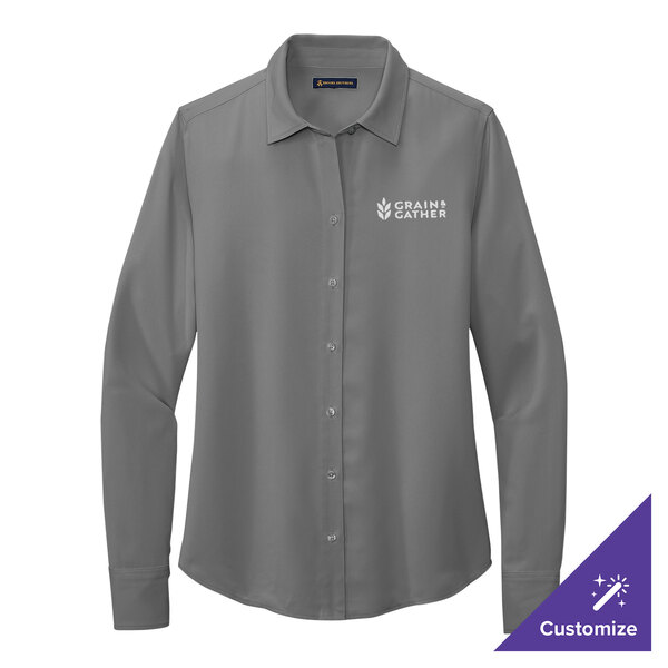 A Brooks Brothers women's long sleeve grey satin blouse with the logo on the front.