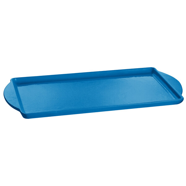 A blue rectangular Tablecraft tray with handles.