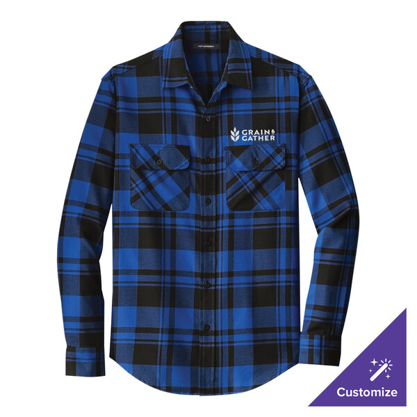 A blue and black plaid Port Authority flannel shirt.