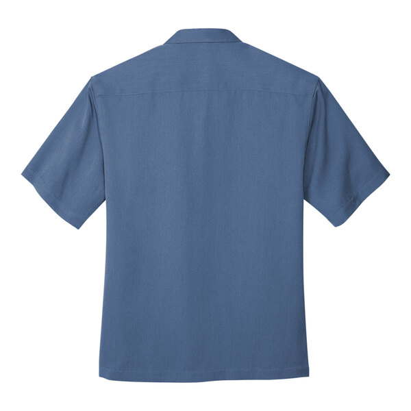 A blue Port Authority short sleeve camp shirt.