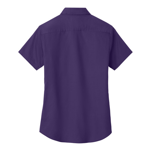 A Port Authority purple and light stone short sleeve button-up shirt for women.