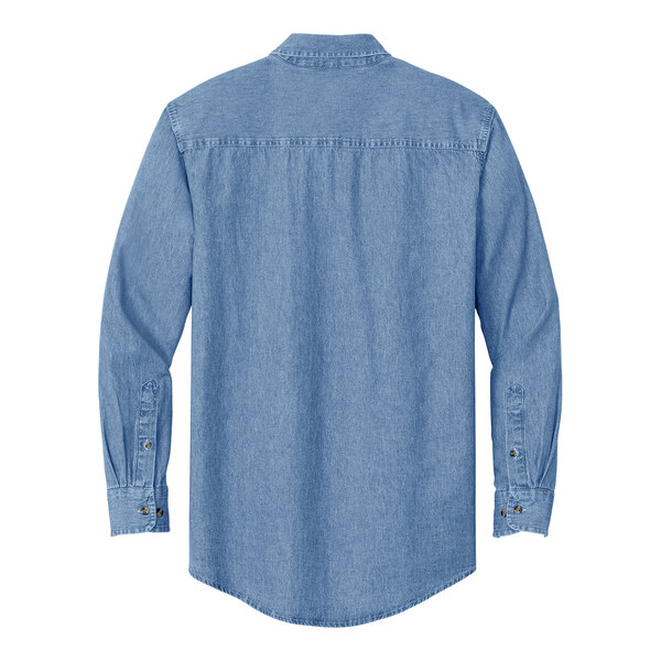 Port & Company faded blue denim button-down shirt.