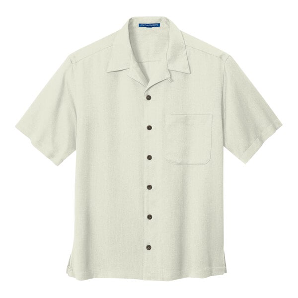 A white Port Authority camp shirt with buttoned collar and two buttons.