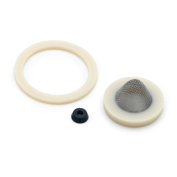 A round white rubber seal with wire mesh and black rubber ring.