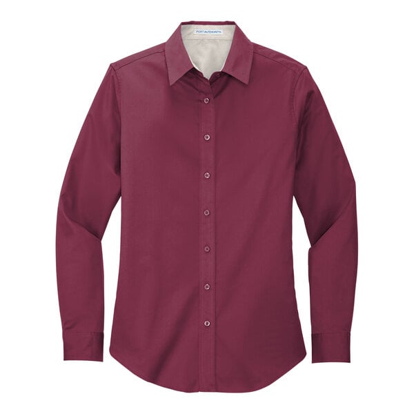 A Port Authority women's long sleeve burgundy dress shirt in a white and light stone color scheme.