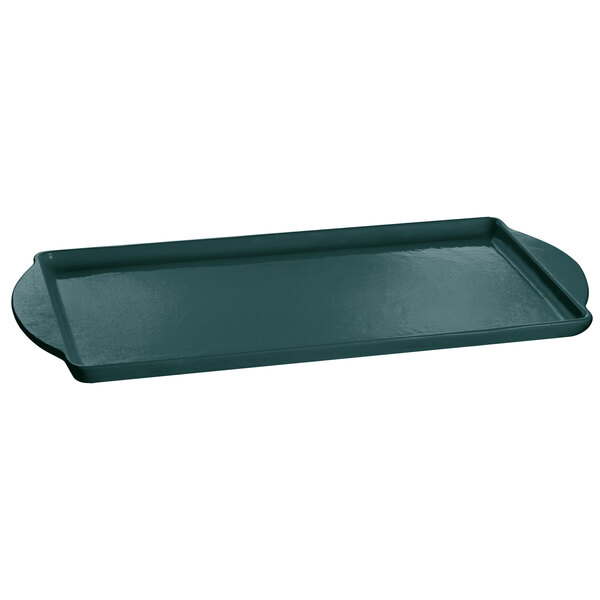 A Tablecraft hunter green rectangular tray with handles.
