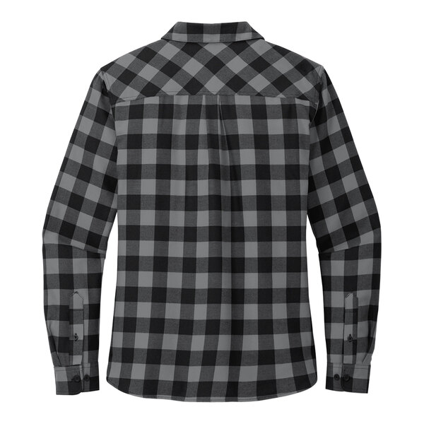 The back of a gray and black buffalo check flannel shirt.