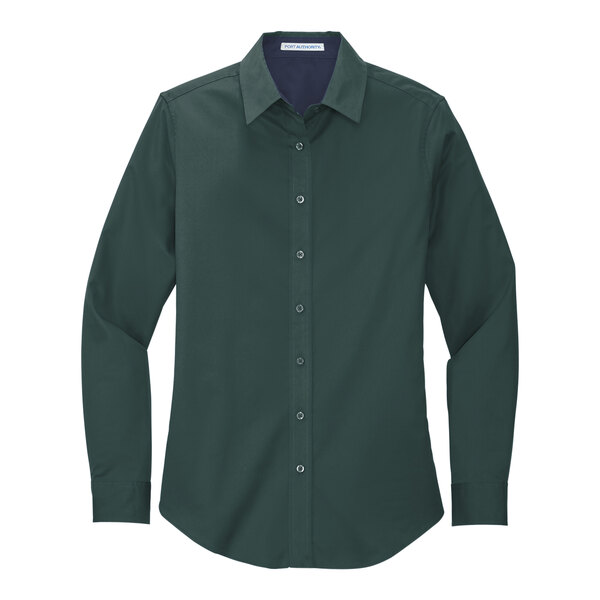 A dark green Port Authority ladies' long sleeve poplin shirt.