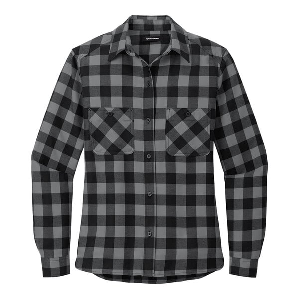 A black and grey plaid Port Authority women's flannel shirt.