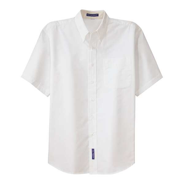 A white Port Authority short sleeve dress shirt with a button up front.