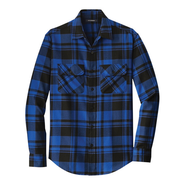 A Port Authority blue and black plaid long sleeve flannel shirt.