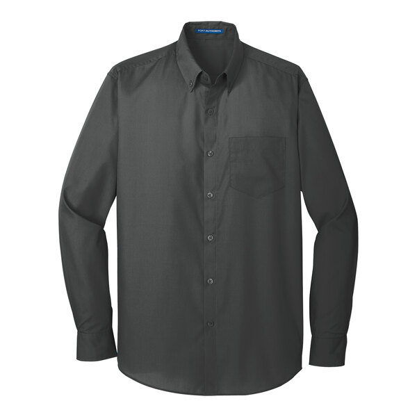 A graphite Port Authority long sleeve button down shirt.
