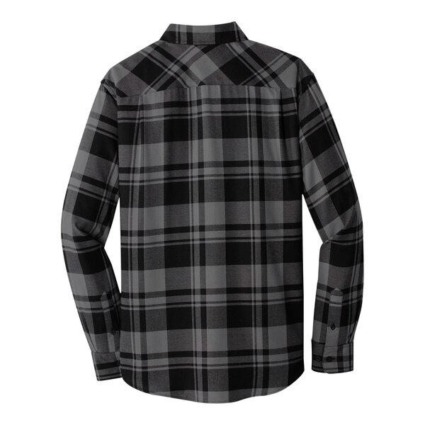 A unisex Port Authority black and grey plaid flannel shirt.
