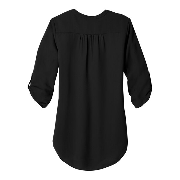 A black Port Authority blouse with short sleeves.