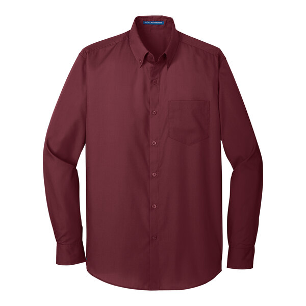 A Port Authority unisex burgundy long sleeve poplin dress shirt.