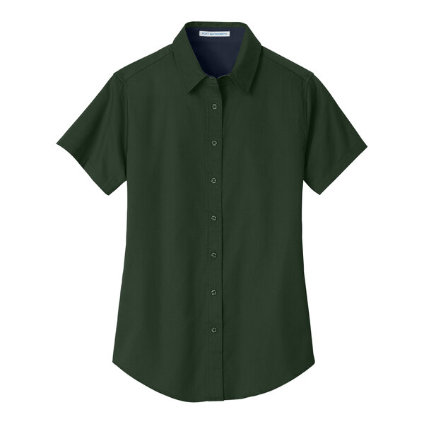 A dark green Port Authority short sleeve button down dress shirt for women.