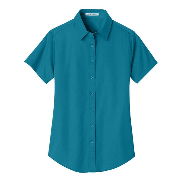 A teal green Port Authority short sleeved button down dress shirt for women.