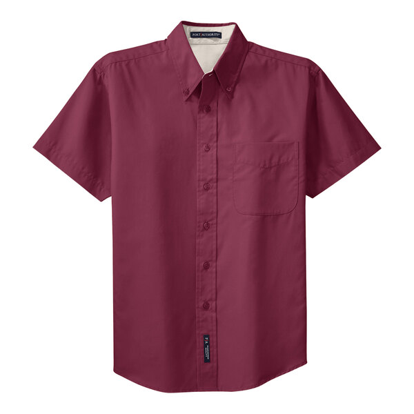 A Port Authority unisex short sleeve dress shirt in burgundy and light stone with a close-up of the fabric.
