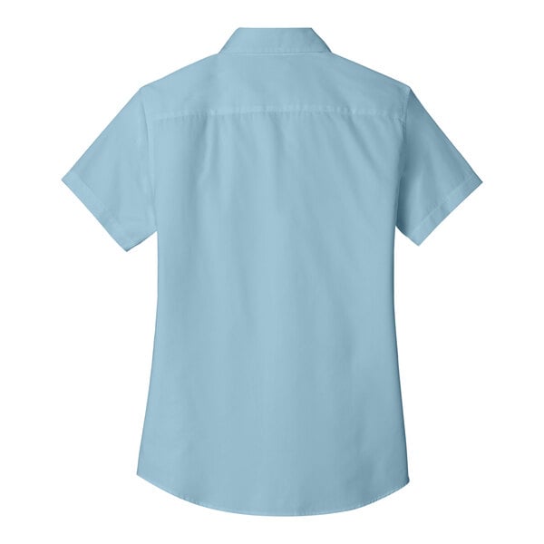 A back view of a Port Authority light blue short sleeved shirt.
