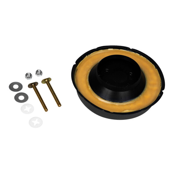 A black round Harvey wax gasket with yellow rubber seal and screws.