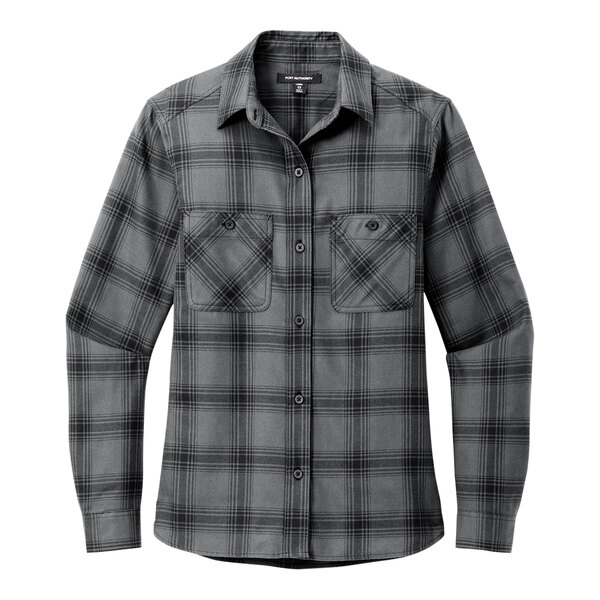 A Port Authority long sleeved flannel shirt in gray and black with a pocket.