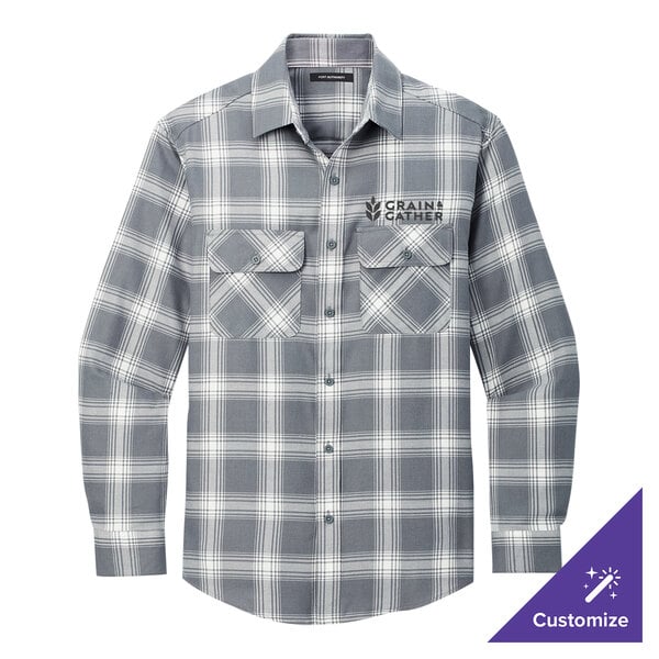 A Port Authority unisex long-sleeve plaid flannel shirt in gray and cream with a pocket.