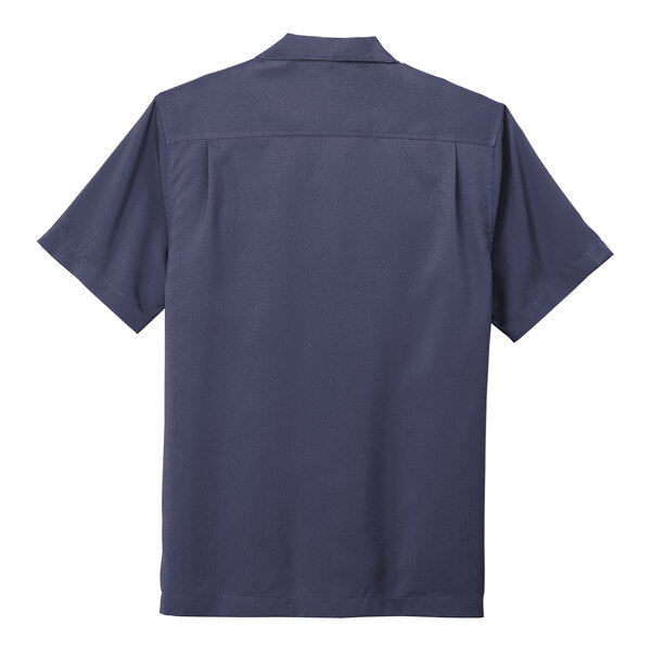 A back view of a Port Authority navy short sleeve performance staff shirt.