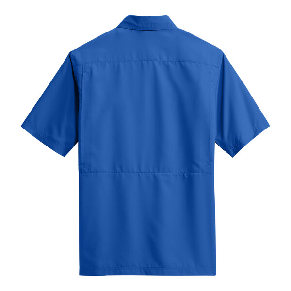 A blue Port Authority short sleeve shirt with a collar.