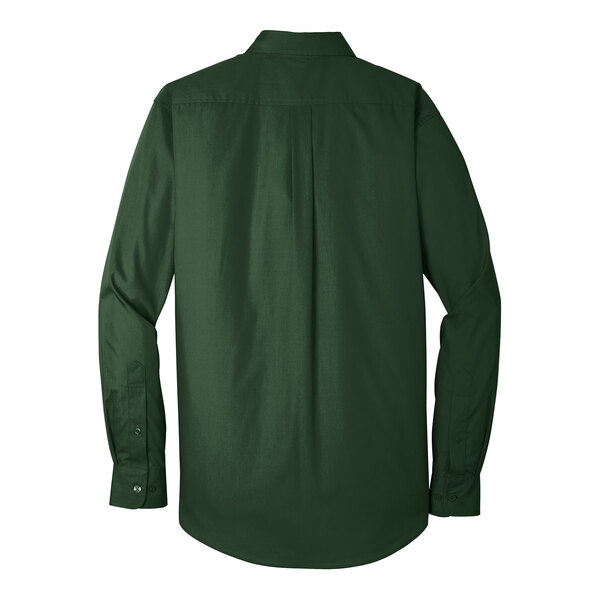 A Port Authority deep forest green long sleeve button down dress shirt.