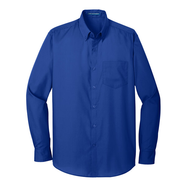 A Port Authority long sleeved blue poplin dress shirt.